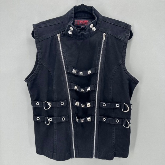 Tripp nyc Other - Vintage Tripp NYC Mens Biker Vest Black Zipper Metal Studded D-Ring Size L Punk